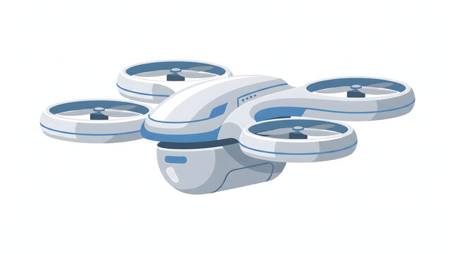 A sleek white and blue drone with four propellers is shown against a plain background