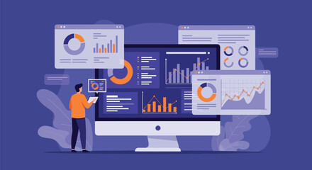 Data analyst working on financial performance dashboard using computer software to visualize market trends with multiple charts and graphs for business insights.