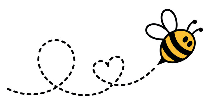 Cartoon bee flying with dotted line trail and heart yellow and black heart shape