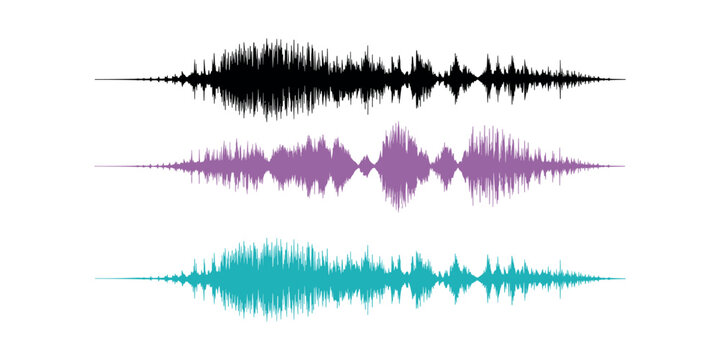 Sound wave patterns in black purple and teal audio waveform in white background