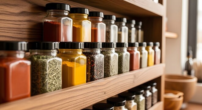 Wooden kitchen spice rack filled with organized square glass jars containing colorful cooking spices and herbs.