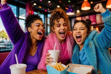 Obraz premium Drei Fussballfans feiern Soccer Turnier 2026 Drei junge Frauen jubeln ausgelassen in farbiger Fast-Food-Atmosphäre bei einem großen Sportevent.