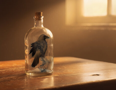 Black Raven Trapped Inside Glass Bottle with Smoke on Wooden Table, Warm Golden Light