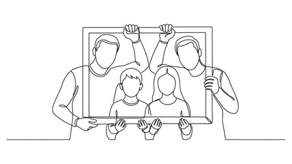 Obraz premium continuous line art A family holding a large picture frame.