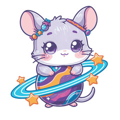 Cute cartoon chinchilla character holding a colorful planet with rings and stars.