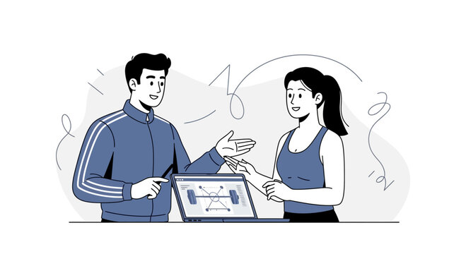 Personal Trainer Explains Workout Plan on Laptop to Client, Vector Illustration