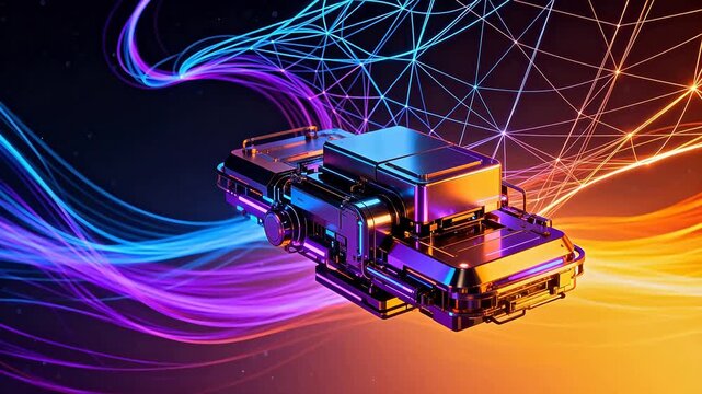 Futuristic device with colorful light trails