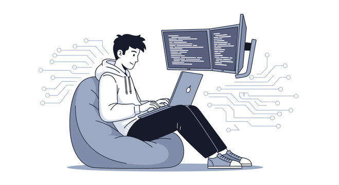 Programmer working on laptop with dual monitors, coding and data visualization