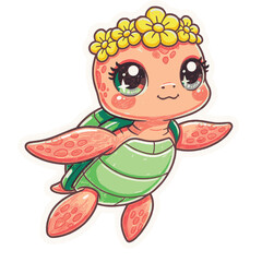 Cute cartoon baby turtle wearing a yellow flower crown isolated on white background.