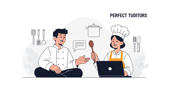 Two chefs in chef uniforms are interacting, one holding a spoon and a laptop, the other gesturing, with kitchen utensils and a pot in the background.