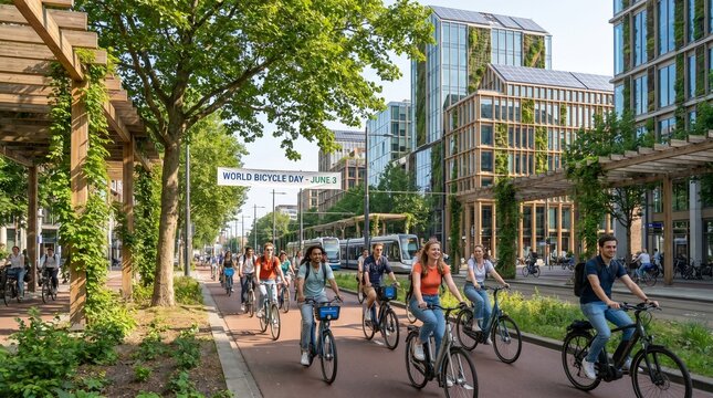 Diverse group of cyclists enjoying a vibrant, green urban landscape on World Bicycle Day, promoting sustainable city living and a healthy, active lifestyle