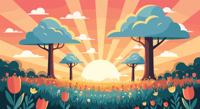 Vibrant pixel art landscape of a flower field under a bright morning sunrise with stylized trees and fluffy clouds in the sky.
