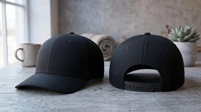 Two black baseball caps on a gray wooden table with coffee cup and plant