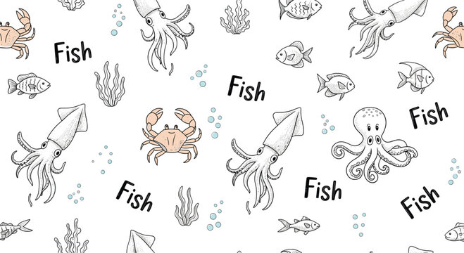 Seamless background pattern of hand-drawn sea creatures like squids, crabs, and octopuses with the word Fish in black ink.