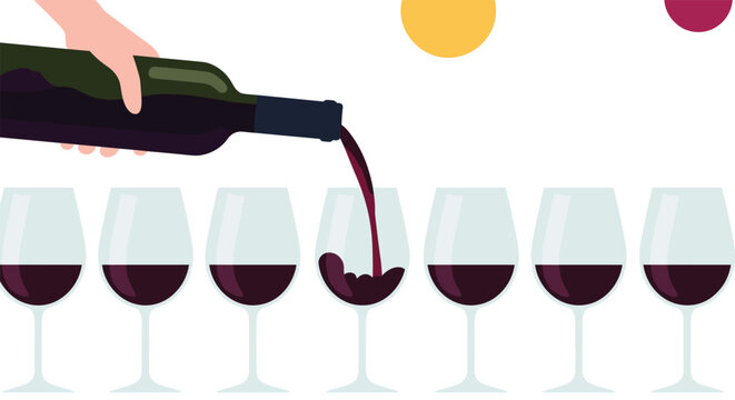 Hand pouring rich red wine from a dark green bottle into a row of seven elegant wine glasses for a group tasting or festive dinner celebration event.