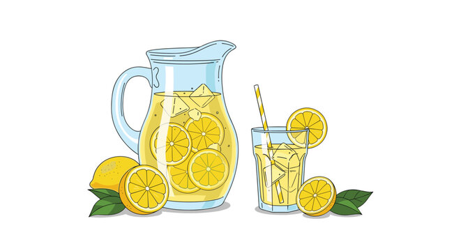 Refreshing summer lemonade in a large glass pitcher and tall glass with ice cubes fresh lemon slices and green mint leaves against white background.