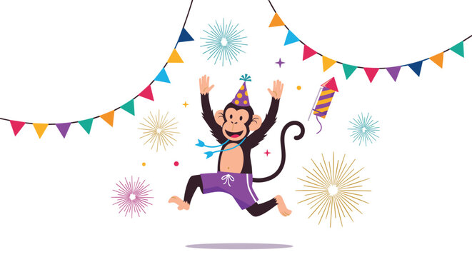 Playful monkey character celebrating with a party hat and fireworks in a festive scene with colorful bunting and stars for birthdays or holidays.