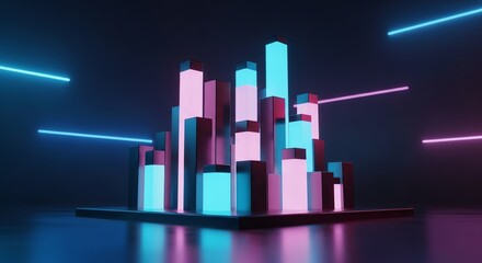 Fototapeta premium Futuristic 3D abstract bar chart with glowing neon pink and cyan lights, representing data growth, technology, business success, and modern finance, displayed against a dark backdrop.