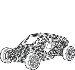 Fototapeta premium Custom off-road buggy vector illustration, tubular chassis sand rail frame, high-performance desert racing vehicle line art, automotive engineering sketch