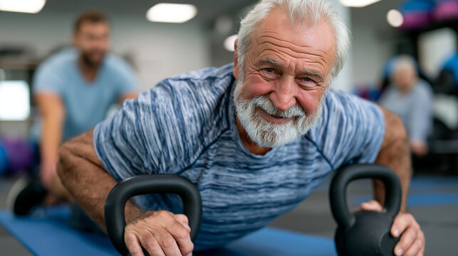 Eighty-year-old retired carpenter performing Turkish get-up exercise in community center under coach supervision, functional fitness aging program, full-body mobility and strength maintenance, fall 