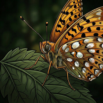 Silver-washed Fritillary butterfly on a green leaf, dramatic digital illustration