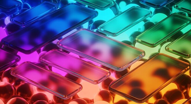 Abstract 3d render of floating glass rectangles over colorful spheres