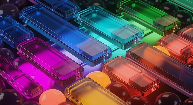 Abstract 3d render of colorful translucent glass rectangles and spheres