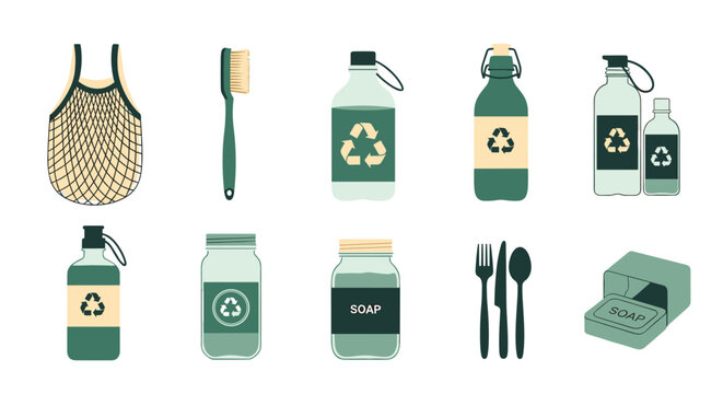 Set of zero waste lifestyle icons featuring reusable bags, bamboo toothbrush, glass jars, metal cutlery, and bar soap.