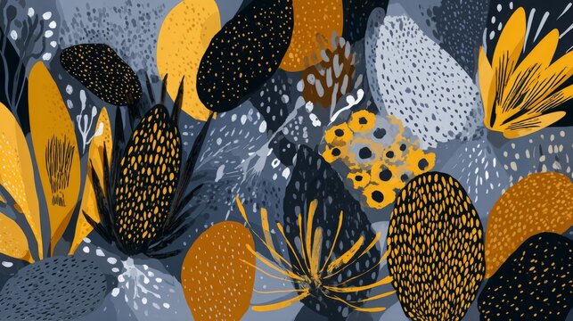 Abstract vector seamless pattern featuring botanical and biology inspired motifs, repeating organic shapes, endless tiling design, natural organism structure and decorative background