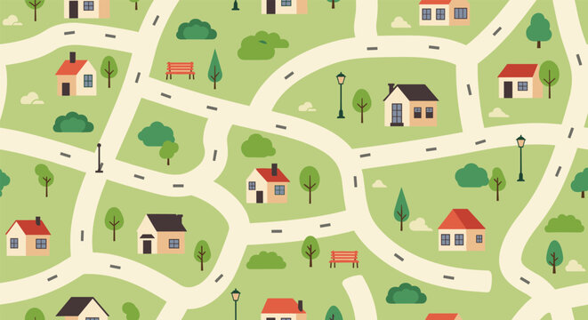 Seamless pattern of a peaceful cartoon neighborhood with winding roads, small houses, green parks, benches, and street lamps.