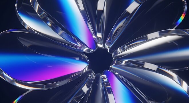 Abstract 3d render of glass petals with blue and purple light refraction