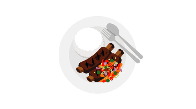 Juicy grilled ribs with fresh salsa and rice on a plate, top view, isolated on white.