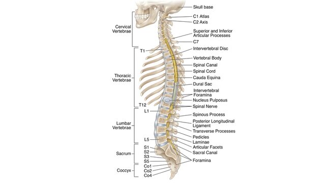 Lateral anatomical illustration of the human vertebral column from skull base to coccyx, labeling cervical, thoracic, lumbar, sacral and coccygeal vertebrae, curvatures, spinous processes, interverteb
