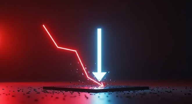 Abstract financial decline concept with neon red downward graph and blue arrow hitting dark fragmented platform, representing recession, loss, crisis, and economic downturn.