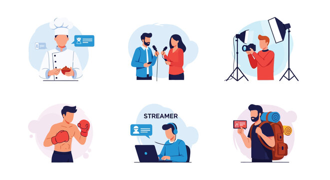 Collection of people with different professions and hobbies including chef journalist photographer boxer streamer and traveler. Modern flat character set design.