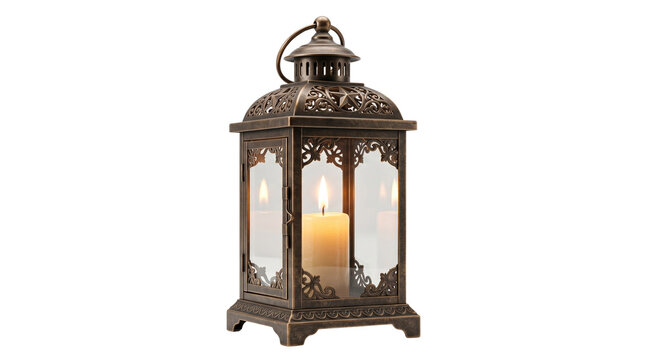 Vintage bronze lantern with burning candle, ornate metal decorative lamp, rustic Moroccan style candle holder isolated on white background