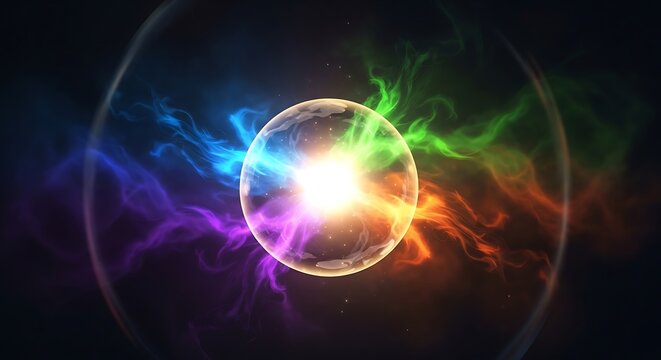 Abstract cosmic energy sphere with vibrant colors and light rays.
