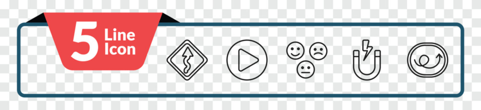 outline user interface icons set - curvy road ahead, right arrow play button, magnet, right loop arrow. editable vector for web and mobile ui