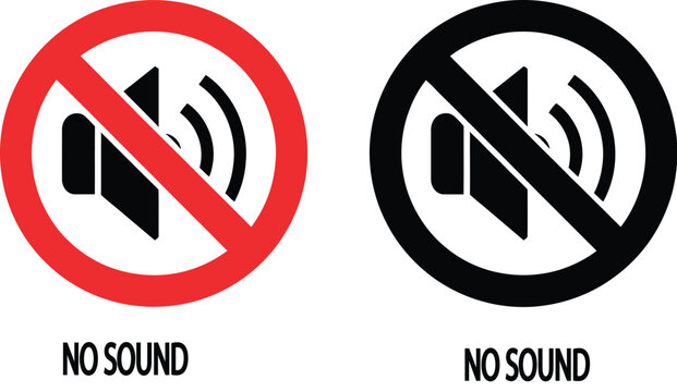 No sound restriction vector sign icon set featuring red and black prohibition circles crossing out a loud speaker symbol.