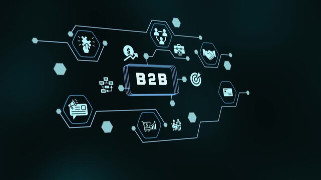 B2B business to business commerce concept with digital network interface icons for corporate ecosystem.