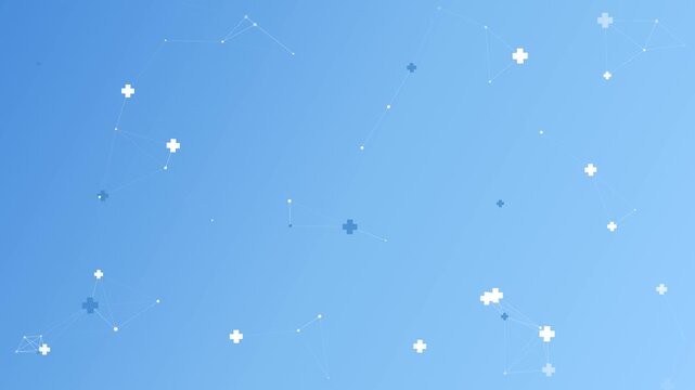 Abstract medical plexus background animation with floating white crosses and blue connect lines on a clean gradient blue backdrop, ideal for healthcare presentation