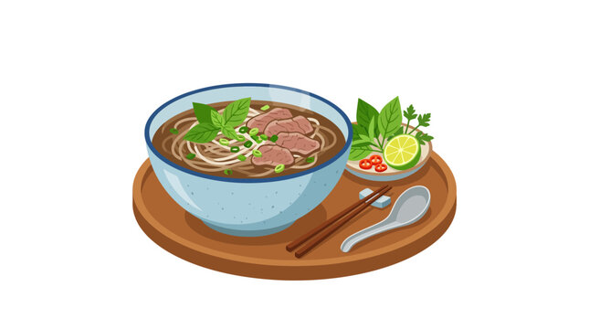 Delicious Vietnamese Pho Bo Soup with Beef, Noodles, Herbs, and Lime - Isolated
