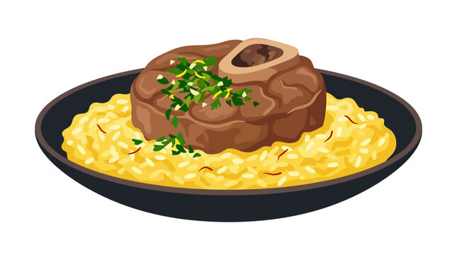 Osso Buco with Saffron Risotto - Italian Cuisine Illustration