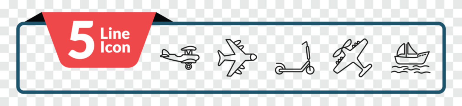 outline transportation icons set - crop duster, airplane flying, light aircraft, yawl. editable vector for web and mobile ui