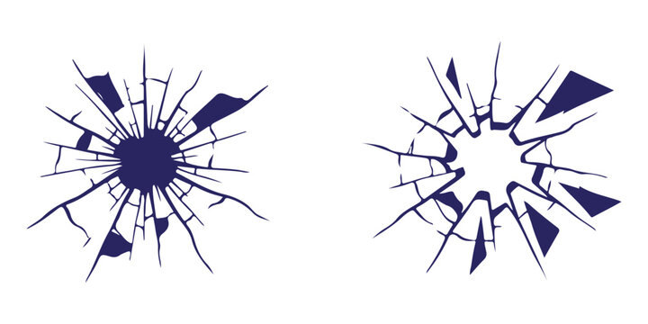 Two dark blue broken glass crack patterns with sharp shards and bullet hole effect