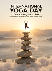 Obraz premium Celebration of international yoga day with a woman practicing yoga in a tree pose on stacked stones at sunrise symbolizing balance mindfulness