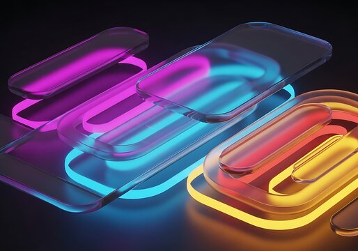 Abstract 3d glass rectangles with neon glow effects