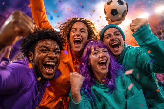 Fussball Fans feiern bei Turnier 2026
Energiegeladene Gruppe jubelt im Stadion mit Soccer Ball, Konfetti und heller Eventbeleuchtung.