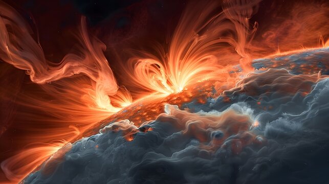 Intense solar flare and coronal loops on sun surface with swirling plasma and dramatic space atmosphere.