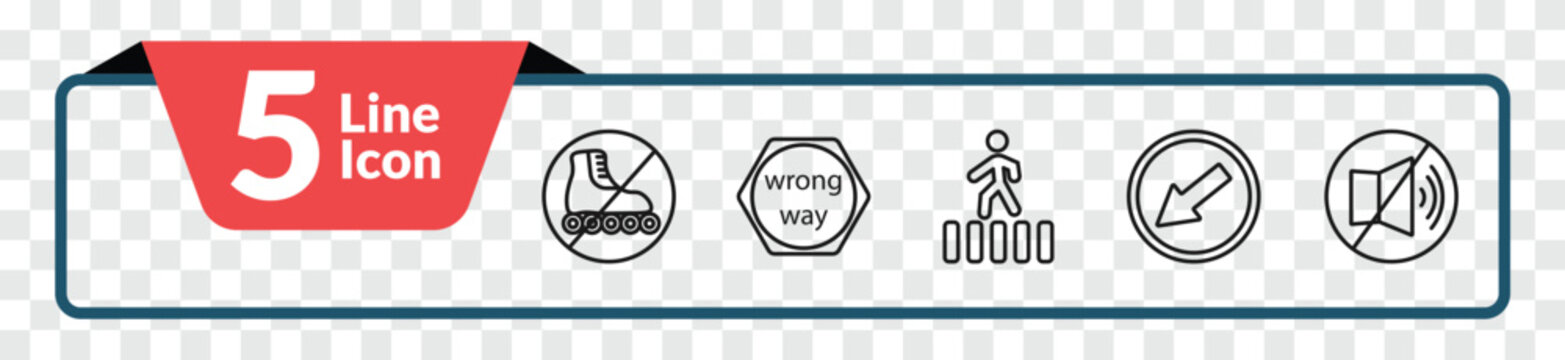 outline traffic signs icons set - no skating, wrong way, keep left, no sound. editable vector for web and mobile ui
